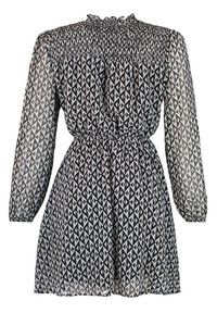 Robe à manches longues à motif noir et blanc avec un col et une taille smockés, des manches transparentes et une jupe évasée.