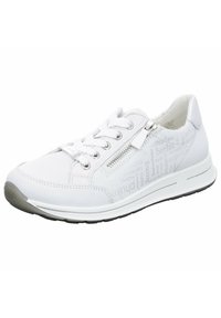 White sneakers with a textured leather upper, featuring a subtle printed design, laces, and a side zipper. Rubber outsole with gray accents.