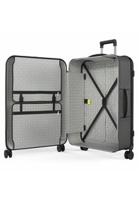Schwarzer Hartschalenkoffer mit einem organisierten, gemusterten grauen Innenraum, der Gurte, Netzfächer und vier Räder für Mobilität bietet.