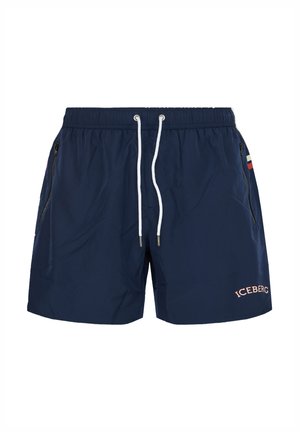 Marineblauwe zwemshorts met wit trekkoord, ritssluitingen aan de zijkanten, gestreepte details op de zakranden en het "ICEBERG"-logo op het linkerbeen.