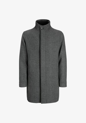 Szary płaszcz z mieszanki wełny z wysokim kołnierzem, zapięciem na guziki z przodu, bocznymi kieszeniami i prostym krojem. Posiada teksturę w jodełkę.