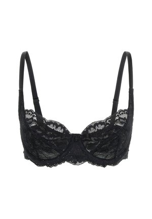 Soutien-gorge en dentelle noire avec armature et bretelles ajustables. Présente des motifs floraux et des bords festonnés. Dentelle transparente avec une finition lisse.