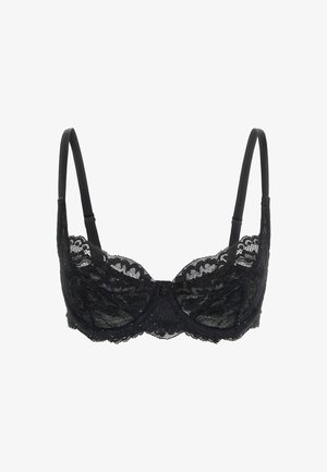 Soutien-gorge en dentelle noire avec armature et bretelles ajustables. Présente des motifs floraux et des bords festonnés. Dentelle transparente avec une finition lisse.