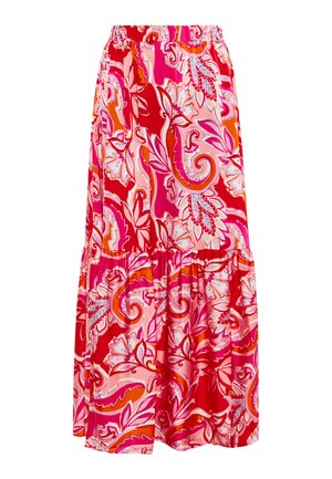 Lange, gestufte Länge in einem lebhaften pink-, rot- und orangefarbenen floralen Paisleymuster. Hergestellt aus weichem Stoff mit einem elastischen Bund für zusätzlichen Komfort.
