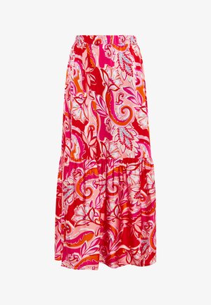 Lange, gelaagde rok in een levendig roze, rode en oranje bloemen-paisleypatroon. Gemaakt van zachte stof met een elastische tailleband voor comfort.
