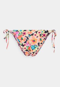 Parte de baixo de biquíni floral com laços ajustáveis de cada lado. Apresenta flores multicoloridas sobre um fundo claro com detalhes pretos.