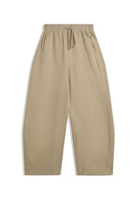 Beige, wijde broek gemaakt van zachte stof, met een elastische tailleband met een trekkoord en zijzakken. Zachte textuur, eenvoudig ontwerp.