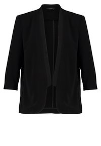 Czarna marynarka zapinana na otwarto z rękawami o długości trzech ćwiartek i gładkim klapą, zaprojektowana do odzieży formalnej lub profesjonalnej.