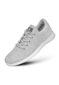 Gray fabric sneaker with a mesh texture, round toe, lace-up design, and a white rubber outsole. Features a logo tag on the tongue.