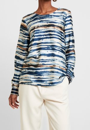 Langärmlige Bluse aus glänzendem Stoff mit einem blauen und cremfarbenen gestreiften Muster, ausgestattet mit einem runden Ausschnitt und geknöpften Ärmeln mit einem gestreiften Akzent.