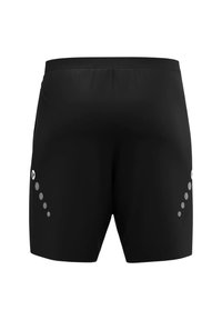 Schwarze Badehosen mit glatter Oberfläche, die ein einheitliches Design aufweisen und an den Seiten reflektierende Punkte für bessere Sichtbarkeit haben.