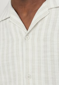 Camicia a maniche corte con colletto, di colore bianco con finissime strisce verticali grigio chiaro. Presenta un tessuto strutturato e una chiusura con un bottone.
