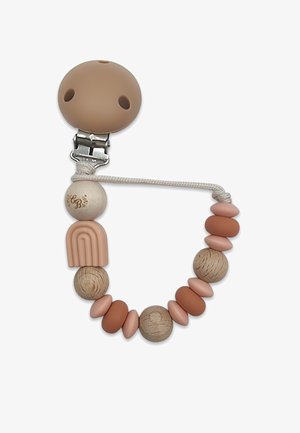 Pince-sucette en silicone et bois avec une palette de couleurs rose pâle ; présente des perles rondes et ovales, ainsi qu un accent en forme d'arc-en-ciel.