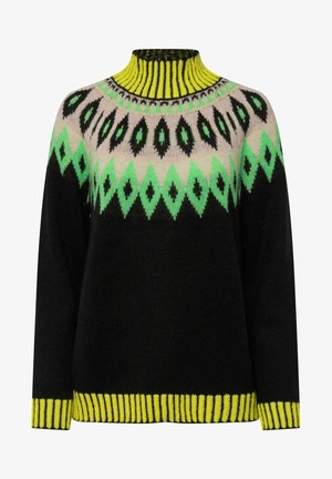 Sort strikket sweater med høj krave, der har et geometrisk design i mintgrøn, pink og gul. Ribbet søm og manchetter.