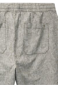 Tissu rayé gris avec une texture douce ; ceinture élastique ; deux poches arrière avec détails cousus.