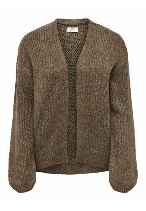 Cardigan brun tricoté, ouvert sur le devant, avec manches longues, poignets et ourlet côtelés, réalisé en grosse laine texturée.
