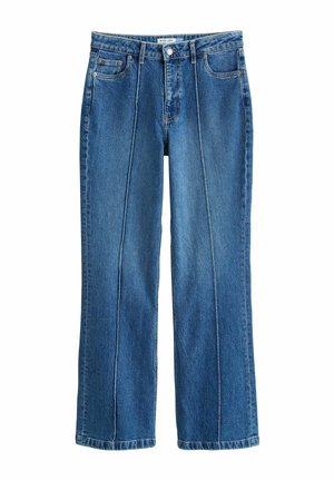 Blugi largi din denim albastru cu cusături drepte în față, cinci buzunare, bucle pentru curea și închidere cu nasture.