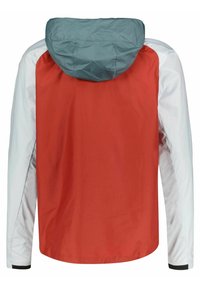 Punainen takki harmaalla hupulla, valkoisilla hihoilla, kevyestä materiaalista ja joustavilla resoreilla. Ominaisuuksiin kuuluu yksinkertainen muotoilu ja sileä rakenne.