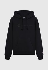 Felpa con cappuccio nera realizzata in tessuto morbido, dotata di tasca frontale, cordini e logo Champion tono su tono sul petto.