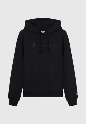 Czarna bluza z kapturem wykonana z miękkiego materiału, z przednią kieszenią, sznurkami i tonowym logo Champion na klatce piersiowej.