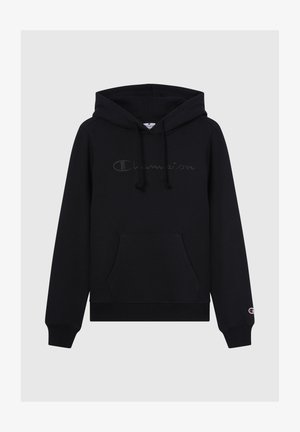 Czarna bluza z kapturem wykonana z miękkiego materiału, z przednią kieszenią, sznurkami i tonowym logo Champion na klatce piersiowej.
