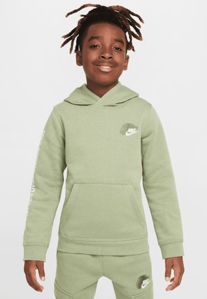 Felpa Nike verde chiaro con tasca frontale, maniche aderenti e dettagli del logo. Tessuto liscio, cappuccio regolabile e dettagli di minimo pattern.