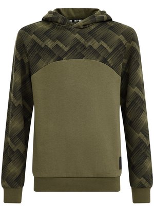 Sweat à capuche vert olive avec motif géométrique noir sur les manches et le haut de la poitrine, poignets et bas côtelés, sans fermeture.