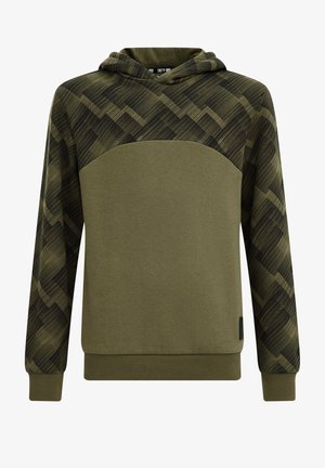 Kapuzensweatshirt in Olivgrün mit schwarzem geometrischem Muster an Ärmeln und oberer Brust, gerippte Bündchen und Saum, ohne Verschlüsse.