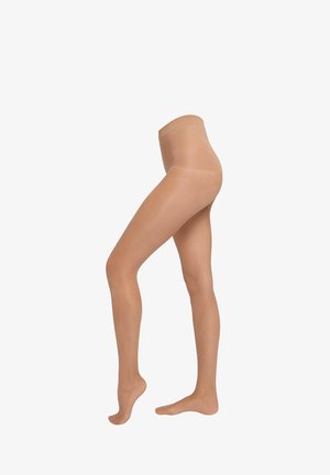 Medias nudas con una textura suave y transparente; cintura alta; material ligero; diseño ceñido que resalta la forma de las piernas.