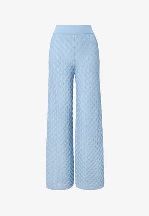 Pantaloni a gamba larga celeste con motivo a diamante testurizzato e vita elasticizzata, mostrati su sfondo bianco.