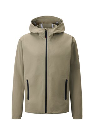 Beige leichte Jacke mit Kapuze, Frontreißverschluss, zwei seitlichen Taschen mit schwarzem Besatz und elastischen Bündchen für einen sicheren Sitz.