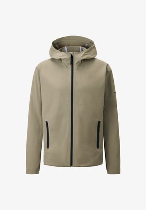 Beige leichte Jacke mit Kapuze, Frontreißverschluss, zwei seitlichen Taschen mit schwarzem Besatz und elastischen Bündchen für einen sicheren Sitz.