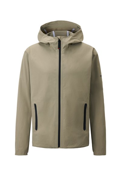 Beige lightweight jacket with a hood, front zipper, two side pockets with black trim, and elastic cuffs for a secure fit.