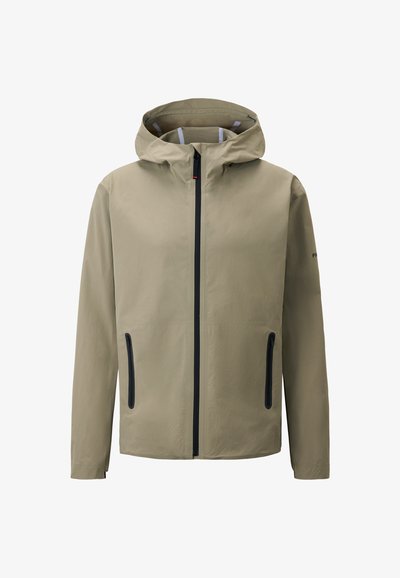 Beige lightweight jacket with a hood, front zipper, two side pockets with black trim, and elastic cuffs for a secure fit.