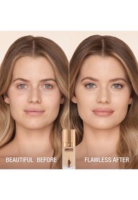 Foundation bottle with gold accents placed between two portraits. Left side displays bare skin; right showcases smooth, even complexion.