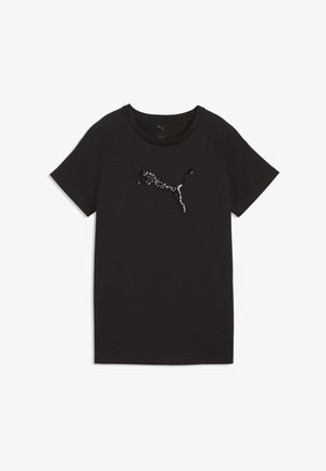Czarna koszulka z krótkim rękawem, okrągłym dekoltem i błyszczącym czarnym cekinowym logo Puma na środku klatki piersiowej.