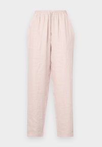 Light pink linen trousers with a drawstring waist, side pockets, and a loose fit. Hem is tapered with a smooth texture.