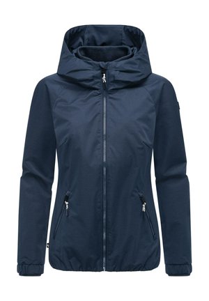 Marineblauer wasserdichter Jacke mit Kapuze, Reißverschlussfront und seitlichen Taschen. Verfügt über elastische Bündchen und einen leichten, strukturierten Stoff.