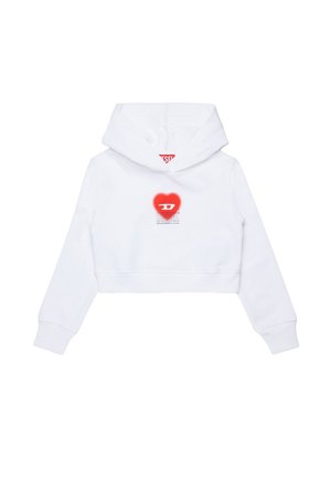 Felpa bianca corta con maniche lunghe, logo a cuore rosso e marchio "Diesel" al centro del petto.