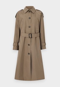 Χακί καμπαρντίνα με εμπρός κουμπιά, ζώνη στη μέση, επιβραχιονίδια στους ώμους και λουράκια στις μανσέτες, παρουσίαση σε απλό ανοιχτό γκρι φόντο.