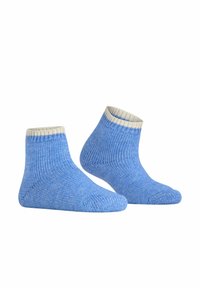 Blaue, gerippte Socken mit weißem Bund, die eine weiche Textur und ein abgerundetes Zehen-Design aufweisen. Geeignet für den Freizeitgebrauch oder für den Komfort.