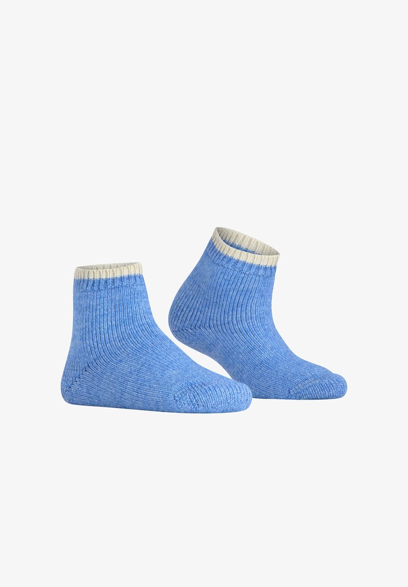 Blaue, gerippte Socken mit weißem Bund, die eine weiche Textur und ein abgerundetes Zehen-Design aufweisen. Geeignet für den Freizeitgebrauch oder für den Komfort.