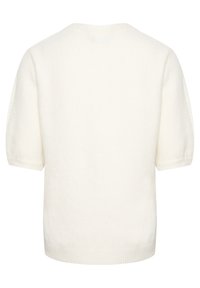 Maglione a maniche corte bianco puro in maglia con scollatura rotonda e polsini e orlo a coste, mostrato da dietro.