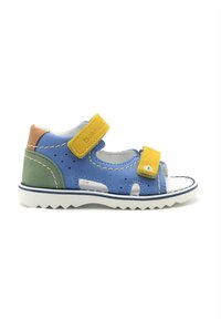 Sandal blu e verde con accenti gialli e marroni, realizzato in pelle. Presenta cinturini in Velcro, design perforato e una suola bianca con bordi seghettati.