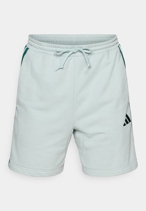 Heledad helesinised spordipüksid, millel on elastne vöökoht, nöörkinnitus, küljetaskud ja rohelised detailid. Külje peal on must Adidas logo.