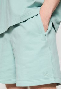 Vaaleansiniset puuvillashortsit, joissa on sivutaskut, elastinen vyötärö ja pieni brodeerattu logo alahelassa. Pehmeä rakenne ja rento leikkaus.