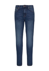 Donkerblauwe rechte jeans gemaakt van denim. Kenmerken zijn het klassieke vijf-pocket ontwerp, knoopsluiting en minimale slijtage.