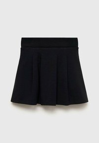 Schwarzer Skaterrock aus weichem, elastischem Stoff. Verfügt über einen breiten Bund und Falten. Schlichtes Design ohne Muster oder Akzente.