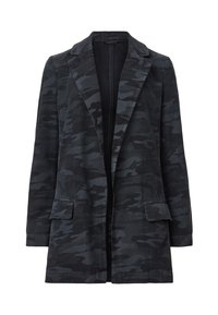 Blazer camouflage nero con colletto a punte, maniche lunghe e due tasche frontali. Realizzato in tessuto morbido con una texture liscia.