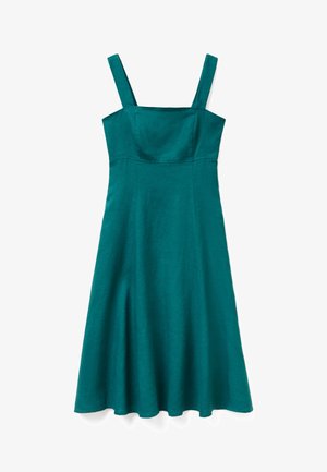Abito in lino teal con scollo quadrato, spalline sottili, corpetto aderente e gonna svasata. Texture liscia con cuciture minime e senza decorazioni.